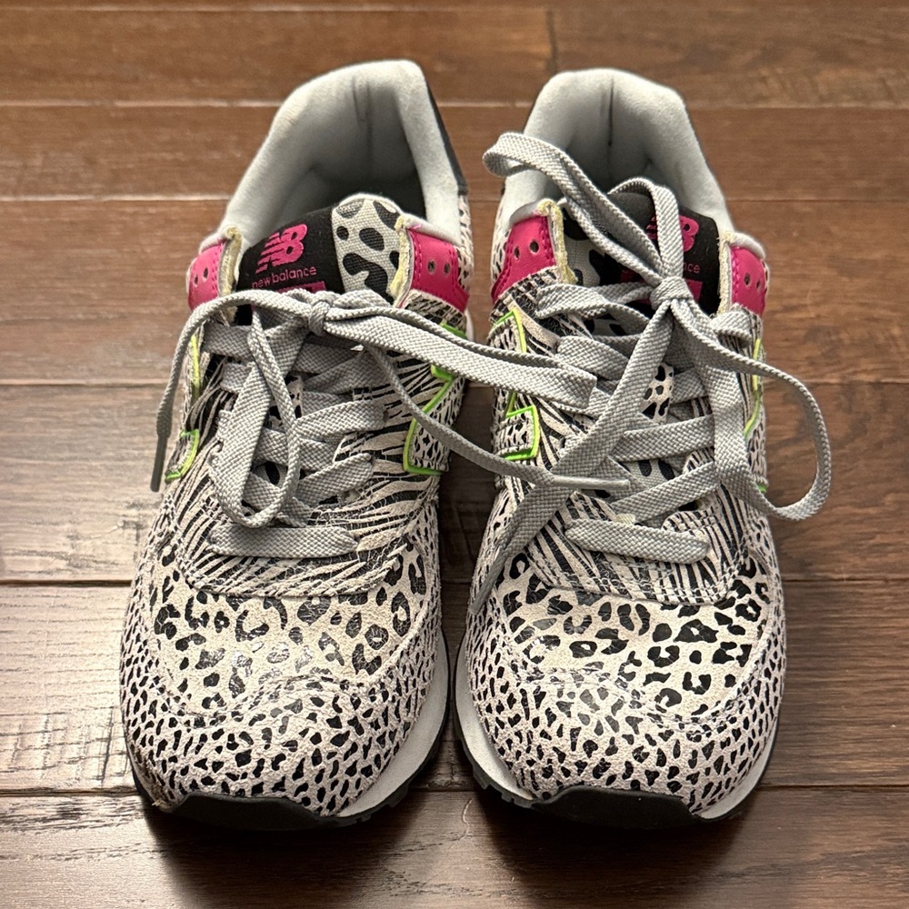 New Balance Womens Sneakers - Gray, Pink, and Green Leopard Print